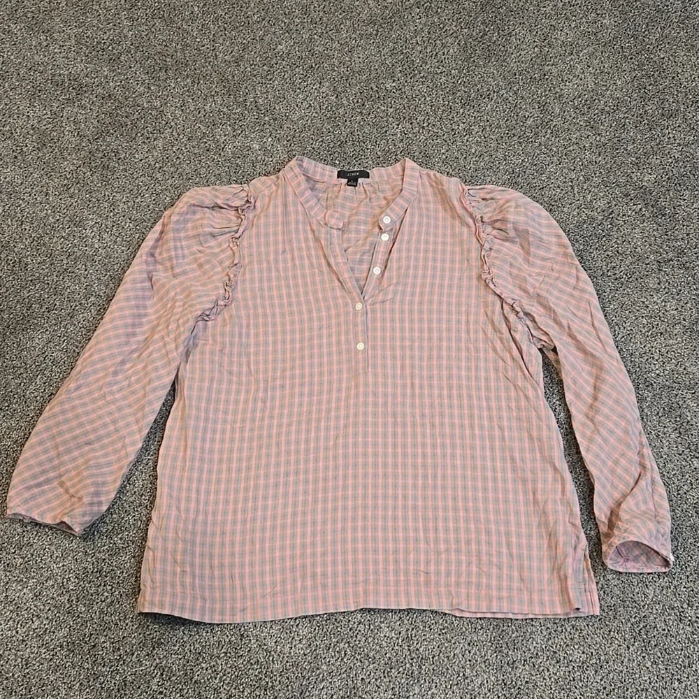J.Crew Women Puff sleeve top V neck Blouse Top flannel sz L
